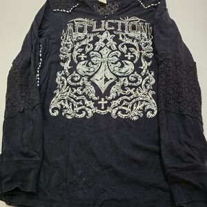 Affliction Black Top with White Ornate Design